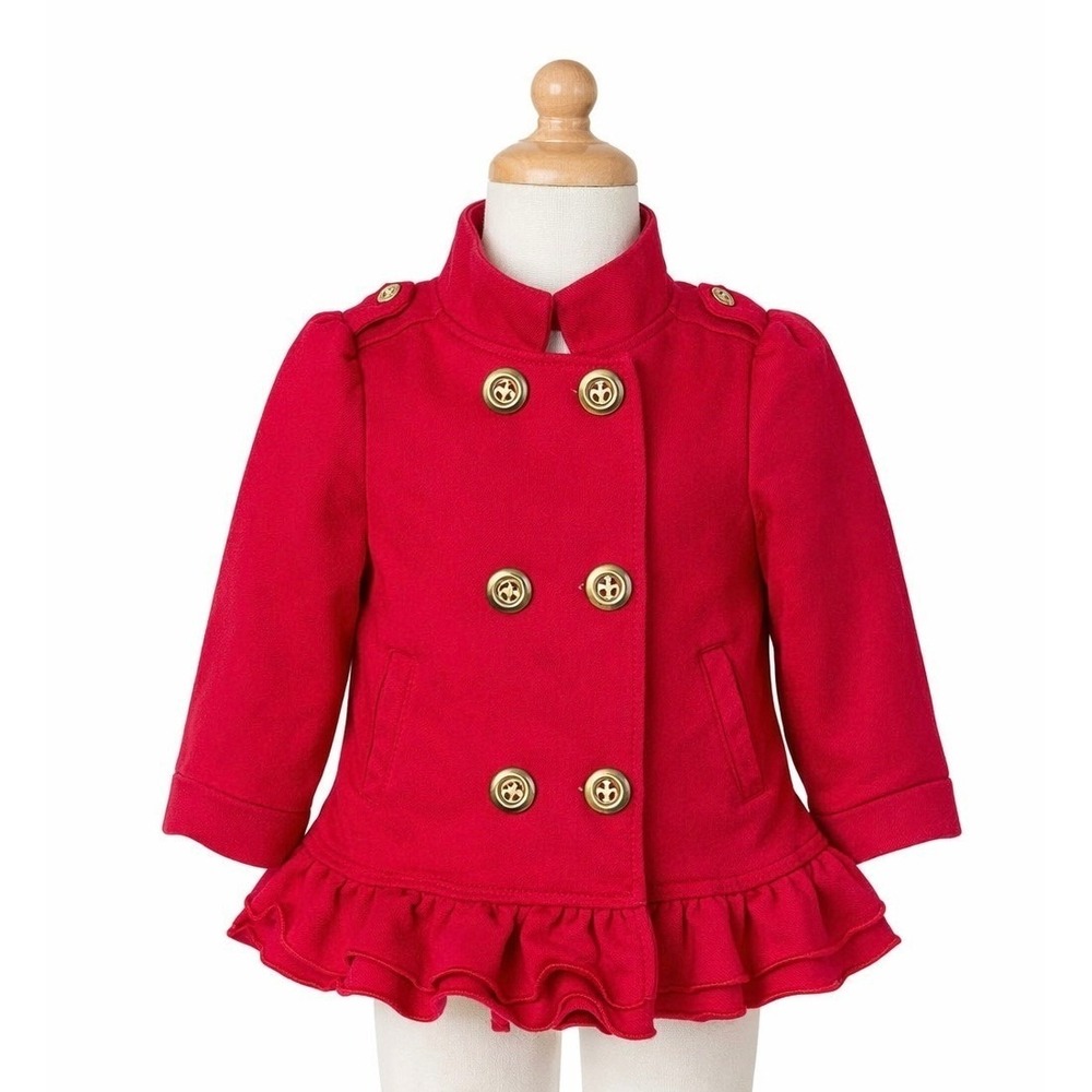 Baby Headquarters Red Toddler Jacket 18M Gold Button Ruffle Peacoat